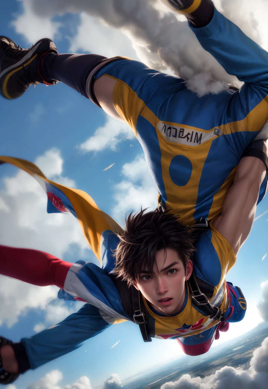 yoru valorant, shirtless, fully shirtless, sky diving, bulge, parachute, harness, bulge