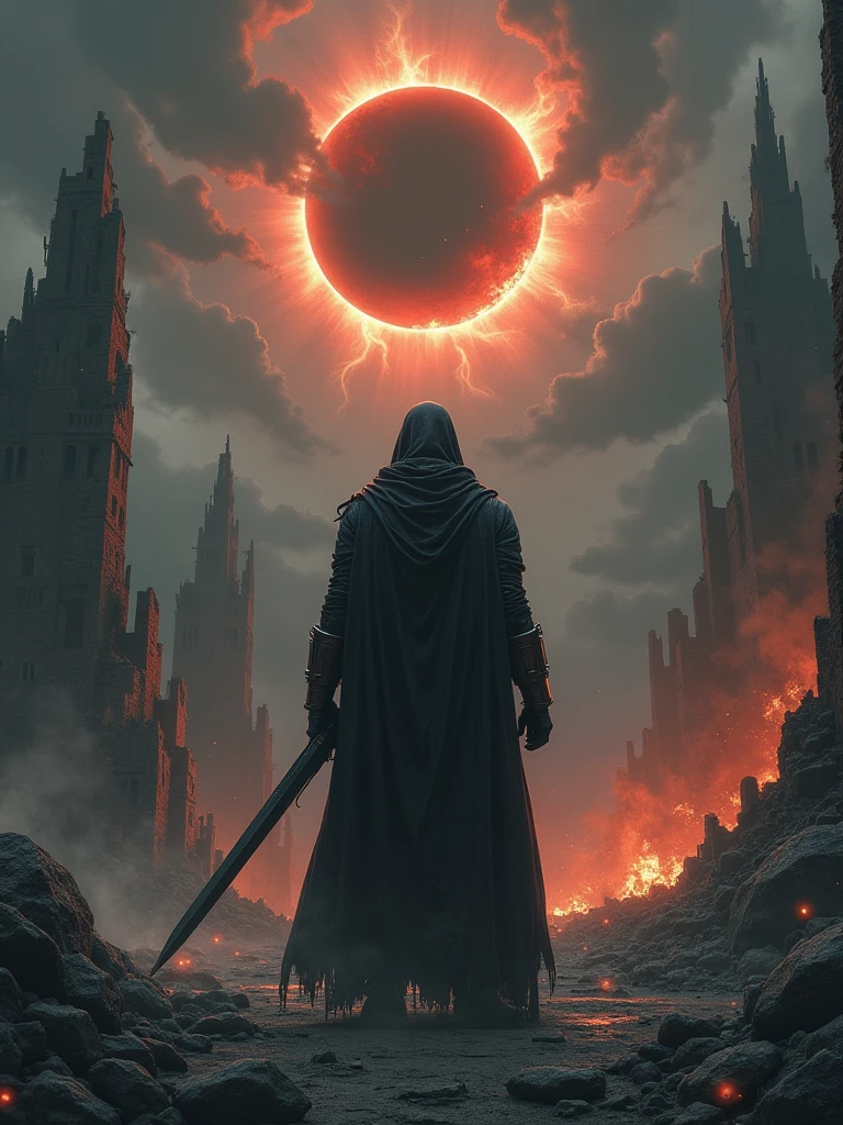 Depict a lone, mysterious figure cloaked in a tattered dark robe ...