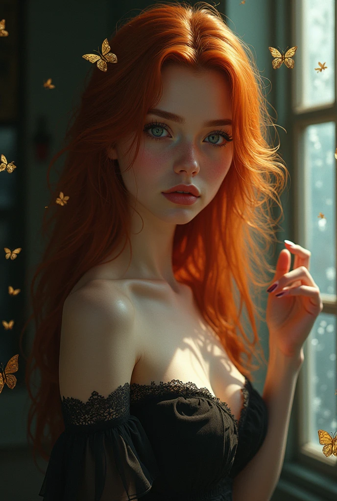 (solo, full body photo:1.3), (action packed:1.3), (haze, fog, mist:1.3), chiaroscuro, best quality, photorealistic, 1woman, (cute), (24yo:1.2), redhead, long ginger hair highly detailed, 1700'S, digital photography, art by artgerm and ruan jia and greg rutkowski surreal painting gold butterfly filigree, broken glass, (masterpiece, sidelighting, finely detailed Fashionable eyes: 1.2) (perfect oval large eyes that gazes at the viewer), beautiful detailed face, blue gorgeous perfect eyes, (blonde hair ponytail), (attractive young woman:1.3), (thick amazing hair), (seductive:1.1), (blushing:1.1)