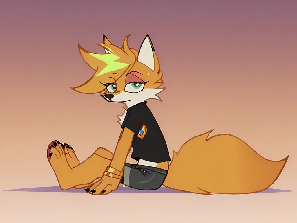 The image features an anthropomorphic fox in the distinct art style of Panty and Stocking with Garterbelt. The fox is sitting cross-legged on the floor, with a relaxed posture that exudes a laid-back vibe. Its fur is a vibrant orange with white accents around the chest, tail, and muzzle, while the tail itself is thick and fluffy, resting comfortably beside it. The fox's large, expressive eyes are drawn with bold black outlines, and its pupils are large and animated, capturing the over-the-top, exaggerated style that Panty and Stocking is known for.

The fox is wearing a simple yet stylish outfit—perhaps a loose-fitting T-shirt and black shorts, consistent with the show’s casual fashion. Its paws are resting gently on the knees, and the fingers of one hand are slightly curled as if relaxed from lounging. The tail flicks occasionally, adding a bit of movement and personality to the scene. The fox's ears are perked up, giving it an attentive but comfortable expression as it watches the TV screen in front of it.

The TV, likely a retro-inspired design, is glowing with colorful lights from the screen, reflecting off the fox’s face and casting subtle highlights on its fur. The background is minimalistic, with soft pastel tones framing the scene, emphasizing the focus on the character. The overall atmosphere feels cozy and calm, with the fox completely absorbed in the TV show it's watching, its tail swaying lightly in rhythm with the excitement or action unfolding on the screen.