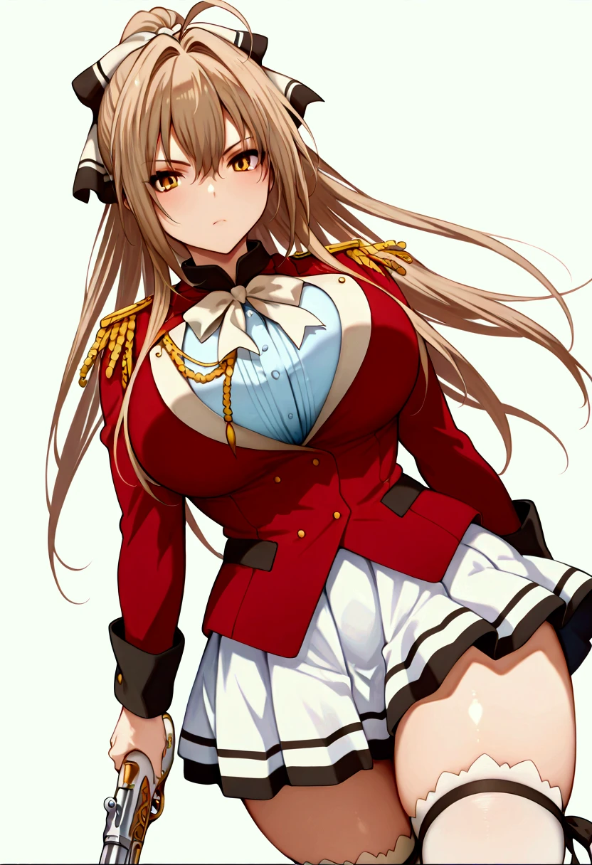 Dinamic pose, dinamic stand, Isuzu sento, big breast, Isuzu sento Hair style, serious look, white stockings, Izusu sento Precise outfit, perfect thighs, izusu sento magic musket, pointing with the musket, femaleperfect, harmony, high quality, 8k, realistic Angle ,perfect scene , Masterpiece, score 9, anime colors, AMERICAN SHOT, beautiful, composition, HARMONY, high quality ,beautiful