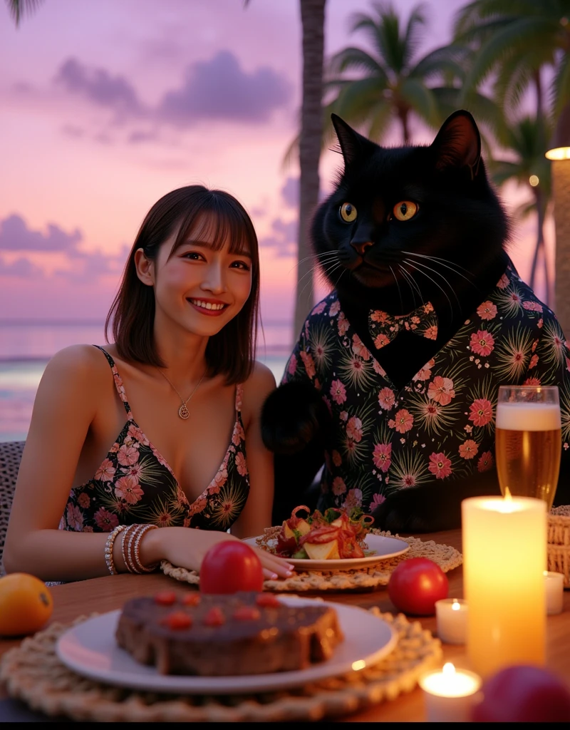 ultra-realistic, photorealistic, dramatic scene, shadow, global-illumination, solo, 1 girl\( 20 years old Japanese beautiful girl, beautiful with cute face, very large breasts, wearing tropical patterned one-piece dress, shoulder-length brown hair, accessories, big smile\), 1 human-like giant black cat\( human-like giant black cat, wearing tropical patterned dark colored aloha-shirt, wearing an aloha-shirt, bow tie, slight taller than the girl, with her, little chubby\), the girl and human-like giant black cat are enjoying their gorgeous dinner at the fine pool side restaurant in the luxury resort hotel in Maldives, gorgeous stylish furnishings, famous 5-star hotel, amazing view of the ocean with pool, extremely beautiful sunset, purple and pink sky, many beautiful tropical flowers are floating on the pool, candle, many large plate of gorgeous food with huge steak and fruits, She is holding a large glass of beer