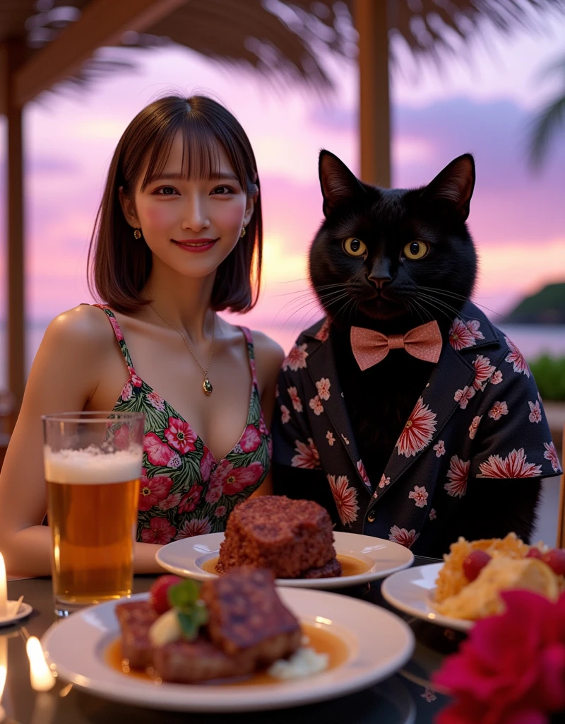 ultra-realistic, photorealistic, dramatic scene, shadow, global-illumination, solo, 1 girl\( 20 years old Japanese beautiful girl, beautiful with cute face, very large breasts, wearing tropical patterned one-piece dress, shoulder-length brown hair, accessories, big smile\), 1 human-like giant black cat\( human-like giant black cat, wearing tropical patterned dark colored aloha-shirt, wearing an aloha-shirt, bow tie, slight taller than the girl, with her, little chubby\), the girl and human-like giant black cat are enjoying their gorgeous dinner at the fine pool side restaurant in the luxury resort hotel in Maldives, gorgeous stylish furnishings, famous 5-star hotel, amazing view of the ocean with pool, extremely beautiful sunset, purple and pink sky, many beautiful tropical flowers are floating on the pool, candle, many large plate of gorgeous food with huge steak and fruits, She is holding a large glass of beer