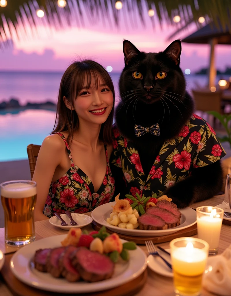 ultra-realistic, photorealistic, dramatic scene, shadow, global-illumination, solo, 1 girl\( 20 years old Japanese beautiful girl, beautiful with cute face, very large breasts, wearing tropical patterned one-piece dress, shoulder-length brown hair, accessories, big smile\), 1 human-like giant black cat\( human-like giant black cat, wearing tropical patterned dark colored aloha-shirt, wearing an aloha-shirt, bow tie, slight taller than the girl, with her, little chubby\), the girl and human-like giant black cat are enjoying their gorgeous dinner at the fine pool side restaurant in the luxury resort hotel in Maldives, gorgeous stylish furnishings, famous 5-star hotel, amazing view of the ocean with pool, extremely beautiful sunset, purple and pink sky, many beautiful tropical flowers are floating on the pool, candle, many large plate of gorgeous food with huge steak and fruits, She is holding a large glass of beer