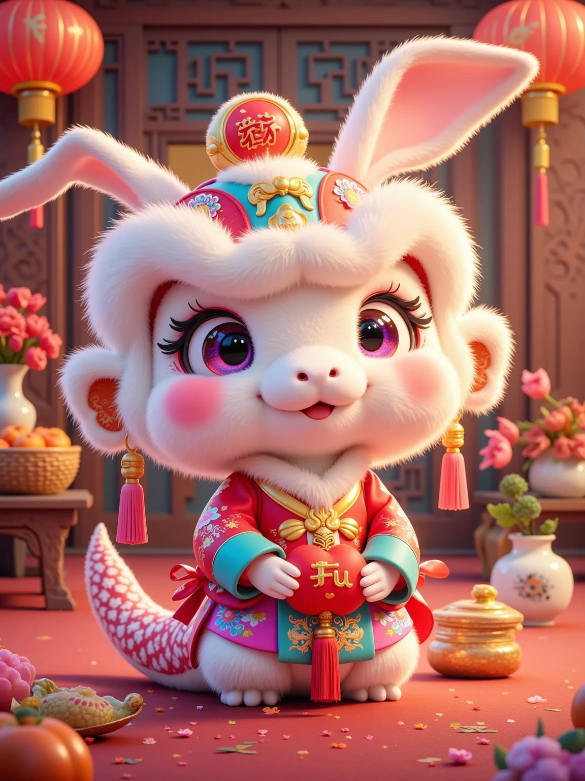 A cute anthropomorphic little snake，It has a pink body，It wears a gorgeous white lion dance headgear，The headgear is decorated with red and blue pompoms，There are also golden decorations。The little snake's face is filled with a happy smile， with big eyes， and looks very lively。 It wears a red traditional costume ， with a golden pattern on the lantern ，It holds a red lucky bag in front of its chest，The word "Fu" is written on the lucky bag。 The little snake is sitting in an indoor scene， is surrounded by items symbolizing good fortune 。There are many red "Fu" stickers scattered on the ground，There are also a few small golden ingots and orange persimmons。 There is a small table on the left ，A ceramic jar full of persimmons and a white ceramic vase are placed on the table。There is a small basket on the right，The basket also contains some persimmons，There are also a few hanging red lanterns and golden fish-shaped ornaments next to it。 } You can see wooden doors and windows in the background ，Red pepper strings and "Fu" paper-cuts are hung on the doors and windows， adding a strong New Year's atmosphere 。 You can see some blurry outlines of buildings outside the window ， The whole scene is filled with the festive atmosphere of the Lunar New Year ，Colors are mainly red and gold， A cute anthropomorphic little white rabbit 。