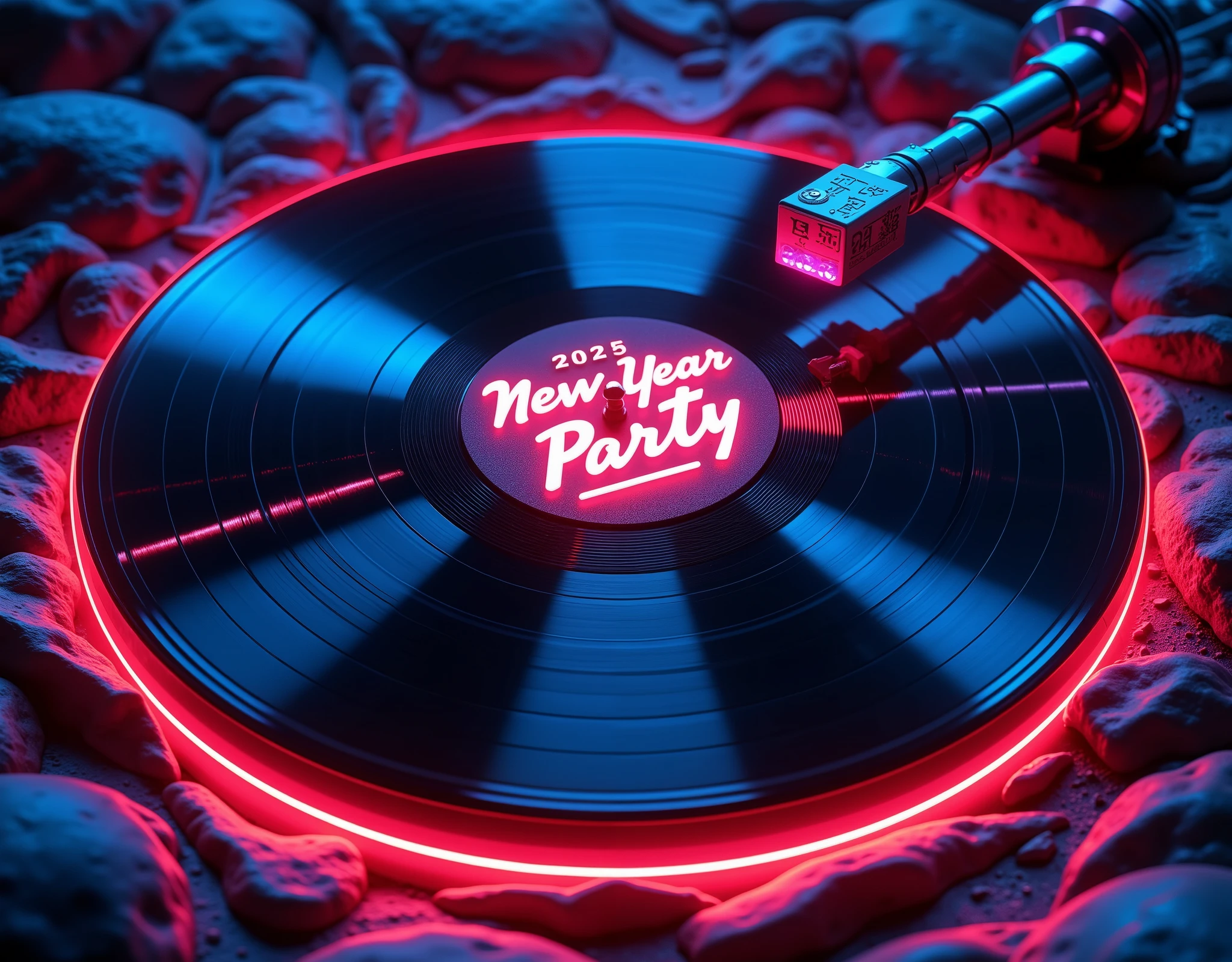 (masterpiece:1.2,EXCEPTIONAL QUALITY  ,Mirror Finish ,  cinematic experience , best illustrations:1.2), Super high resolution,  super detailed  ,8k,16k, wallpaper,( New Year Party ),(At the center of the record disc"New Year Party 2025"のpopで小さなテキストを描画する:2.0),( simple design ), Promotional Art ,  Record Jacket , record album cover design ,Funk,JAZZ,HOUSE MUSIC,Avant-garde,pop,( vector art:2.0),( flat design :2.0),( close up the center of the record disc:2.0)