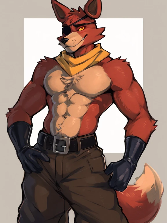 (by zackary911, anime, soft hatching) anthropomorphic, solo, human anatomy, adult, tall, mature, anthro, (muscular, biceps, soft abs, buff), (Foxy (FNAF), red fur, fox ears, fox tail, yellowing glowing eye, chest tuft), (brown baggy pants, belt around waist, black gloves, pirate, shirtless, eyepatch, yellow scarf)