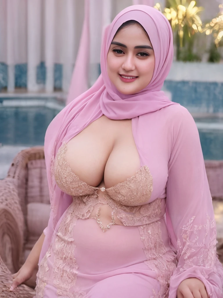 Cute Pakistani girl in hijab wearing patung dress with seducing pose, big smile, laughing, happy, big front teeth, bustling nighttime city, wearing hijab, bright golden color hijab, beauty skin, huge breast, nipple erected detailed, dark hairy pussy, thick thighs bright lighting, big round ass, cute face, slim abs, 35mm lens, Extreme close-up, pastel color grading, depth of field cinematography effect, romantic film genre, 8k resolution, high quality, ultra detail,