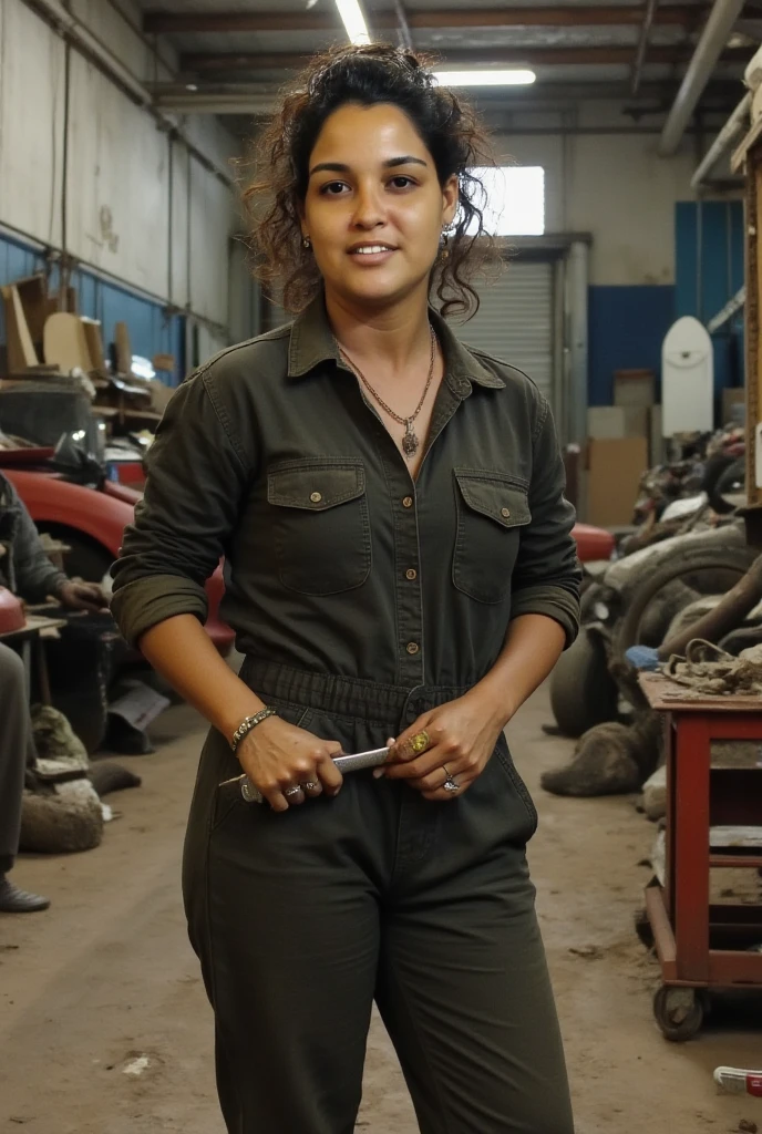 (( Better quality)), (( masterpiece )), (detailed),  Charming female mechanic covered in grease, confident smile， looking at the camera ，(Charme dirty e áspero:1.2), ( A tenacious and confident attitude :1.1), (Mechanical expertise :1.3),  tousled hair,  With a mischievous smile on his face ，dirty,  The stained jumpsuit embraced her curves , ( Difficult work tools :1.2),  Disorganized repair shop ,  Car parts scattered , ( Real car environment :1.2), (intense gaze:1.1), 她dirty手裡緊握著扳手,  8k resolution ,  looking at another  ,  Man Greping ,( tattoo:1.2),  masterpiece ,  Better quality,realistic,   ultra high resolution ,  Photographic lights 