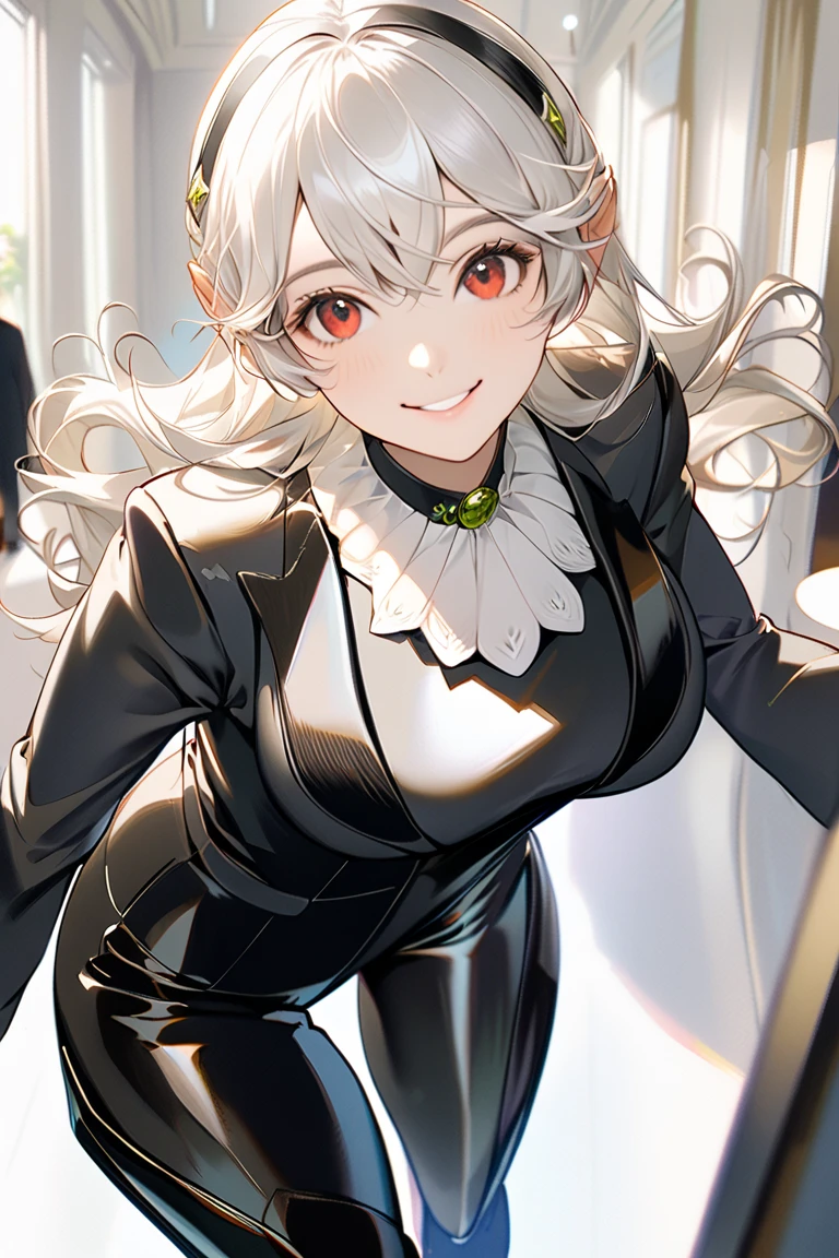 (( top quality )), ((masterpiece)), (  Details), （perfect face）、That woman is Kamui  、White Hair 、looking at you、 black boots ,  Black pantsuit、Just the right size bust、 happy 、smile