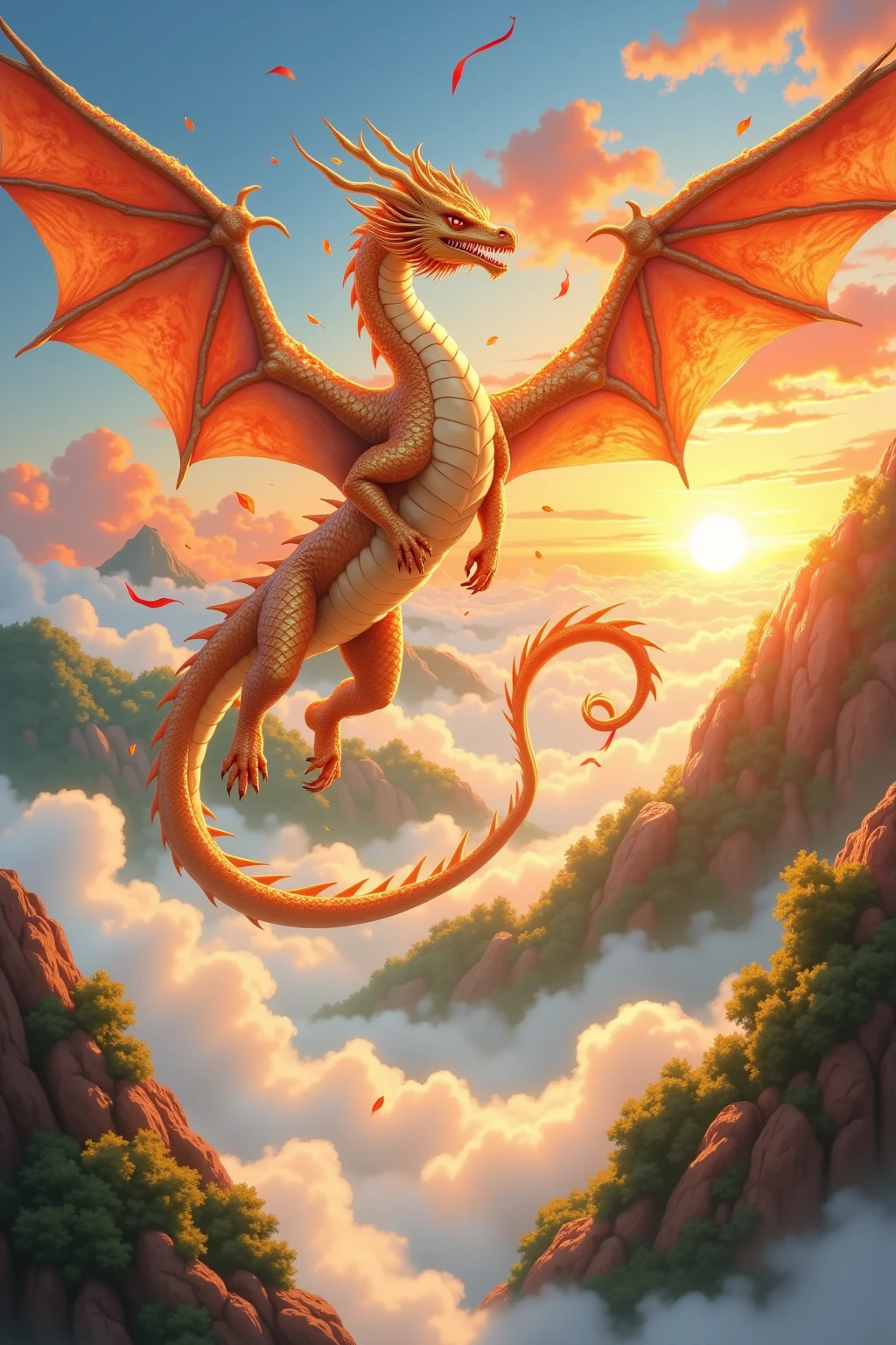 Fantastic New Year Illustration, Dragon flying towards the first sunrise