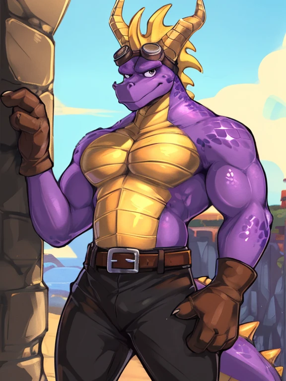 Nsfw, explicit content, high resolution,  beautiful details, beautiful eyes, depth of field, solo focus, detailed background, high quality, good lighting, high res, ((masterpiece)), 8k, depth of field, ray tracing, detailed background, great lighting, detailed lighting, [cinematic lighting], [backlighting], [detailed ambient light], [sharp focus], solo,
Adult Spyro, detailed scales, anthro dragon, muscular male, 1.2, heavyweight, muscular, muscle, big muscles, (long thick spiked dragon tail), masculine, daddy, digitigrade, bulky body, thick, wide body, nipples, aroused,
by rakisha, by zackary911, by chunie, by meesh, by kiyosan, by sigma x, by darkgem, by spectrumshift, bonifasko, (massive bulge, swollen bulge), low angle