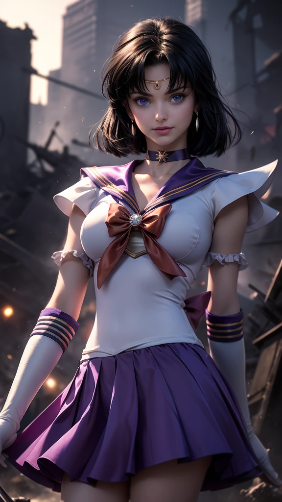 (masterpiece, best quality:1.4), (Nebula Background), (full-body shot:1.5), (From the back),(((Full and soft breasts,)))(((Huge breasts))) (((Cleavage))) 1 Girl, Solitary, (European Youth:1 Sailor Saturn, Headdress, Sailor warrior, Purple sailor collar, Pleated Skirt, Elbow gloves, Jewelry, brooch, Necklace, Black short hair, (Purple Eyes:1), Pretty Face, Highly detailed face, Very detailed eyes, Very delicate skin, Skin pores, Subsurface scattering, Practical pupils, Large Breasts, Hard breasts, Full flush, Full lips, Detailed background, Depth of Field, Volumetric Lighting, Clear focus, absurd, Practical proportions, Good anatomy, (Practical, hyperPractical:1.4), 16k High Dynamic Range,