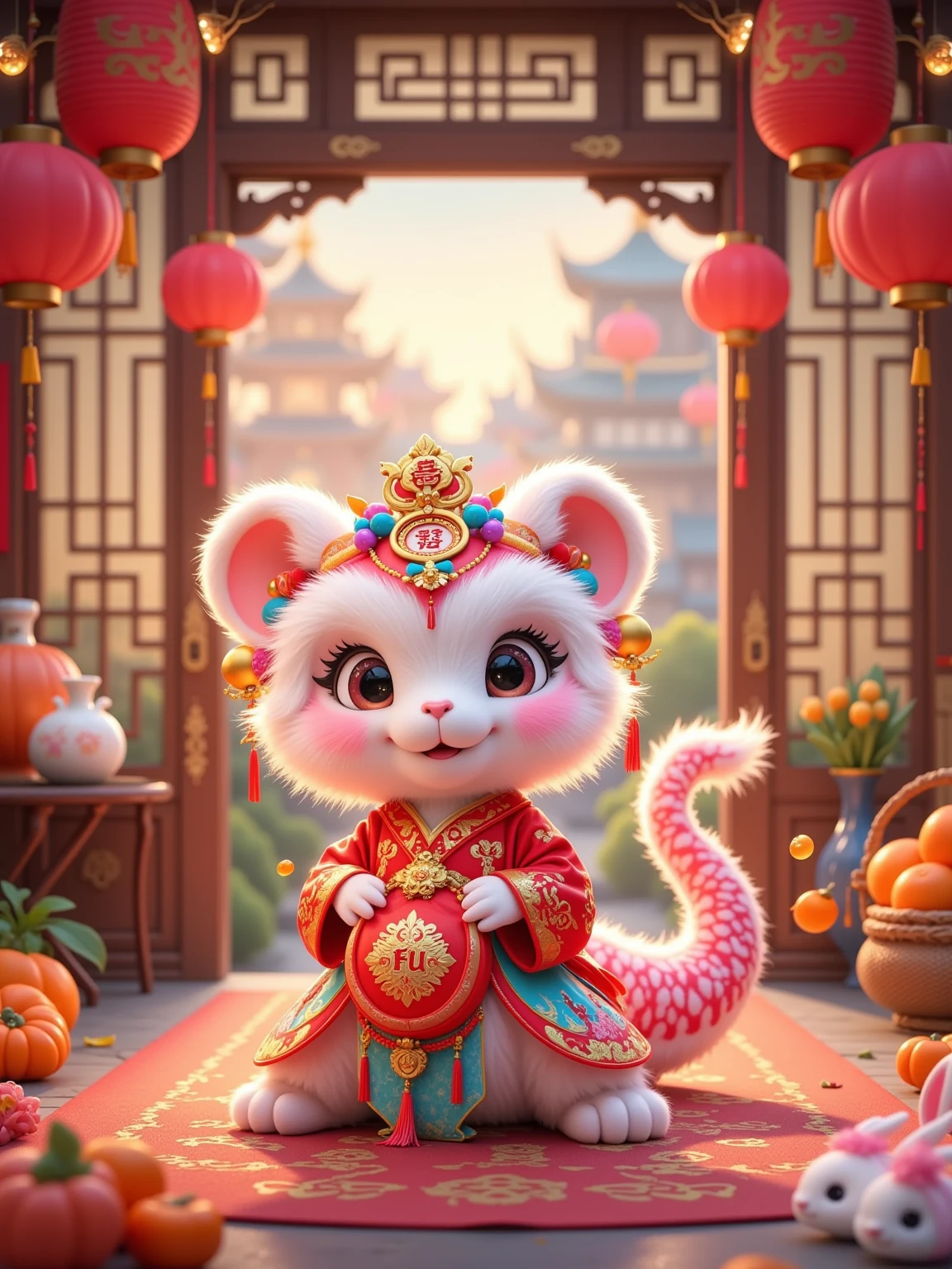 A cute anthropomorphic little snake，It has a pink body，It wears a gorgeous white lion dance headgear，The headgear is decorated with red and blue pompoms，There are also golden decorations。The little snake's face is filled with a happy smile， with big eyes， and looks very lively。 It wears a red traditional costume ， with a golden pattern on the lantern ，It holds a red lucky bag in front of its chest，The word "Fu" is written on the lucky bag。 The little snake is sitting in an indoor scene， is surrounded by items symbolizing good fortune 。There are many red "Fu" stickers scattered on the ground，There are also a few small golden ingots and orange persimmons。 There is a small table on the left ，A ceramic jar full of persimmons and a white ceramic vase are placed on the table。There is a small basket on the right，The basket also contains some persimmons，There are also a few hanging red lanterns and golden fish-shaped ornaments next to it。 } You can see wooden doors and windows in the background ，Red pepper strings and "Fu" paper-cuts are hung on the doors and windows， adding a strong New Year's atmosphere 。 You can see some blurry outlines of buildings outside the window ， The whole scene is filled with the festive atmosphere of the Lunar New Year ，Colors are mainly red and gold， A cute anthropomorphic little white rabbit 。