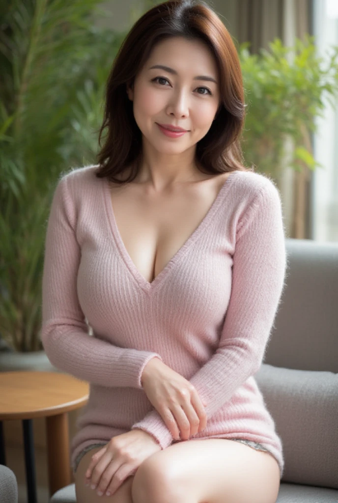 Mature Woman,  Japanese, 48 years old (Mature Beauty: 1.5),  A Gentle and Seductive Smile ,( fine lines of laughter :1.4), Natural Aging 、A warm look, (**wavy hair**:1.3),  Soft and Natural Wrinkles 、 clear skin (1.4),  sharp focus ,  high resolution,  super detail (1.4),  Unmatched Beauty , (Eye Makeup:1.3), (lipstick:1.2), ( eyeshadow), ( mascara),  Slim and Gentle Curves ,  Elegant and elegant posture , Realistic,  realistic (1.4), masterpiece,  top quality ,  depth of writing,  physical base rendering ,  Fascinating Atmosphere 。Color and design :  Soft pink wool material 、Simple ribbed sweater 。 background:  soft light shines in 、ナチュラルな木のテーブルと植物をbackgroundにしたシンプルなリビングルーム。  pose:  model tilts her upper body slightly forward 、 looks at the camera with a gentle smile on her face 。