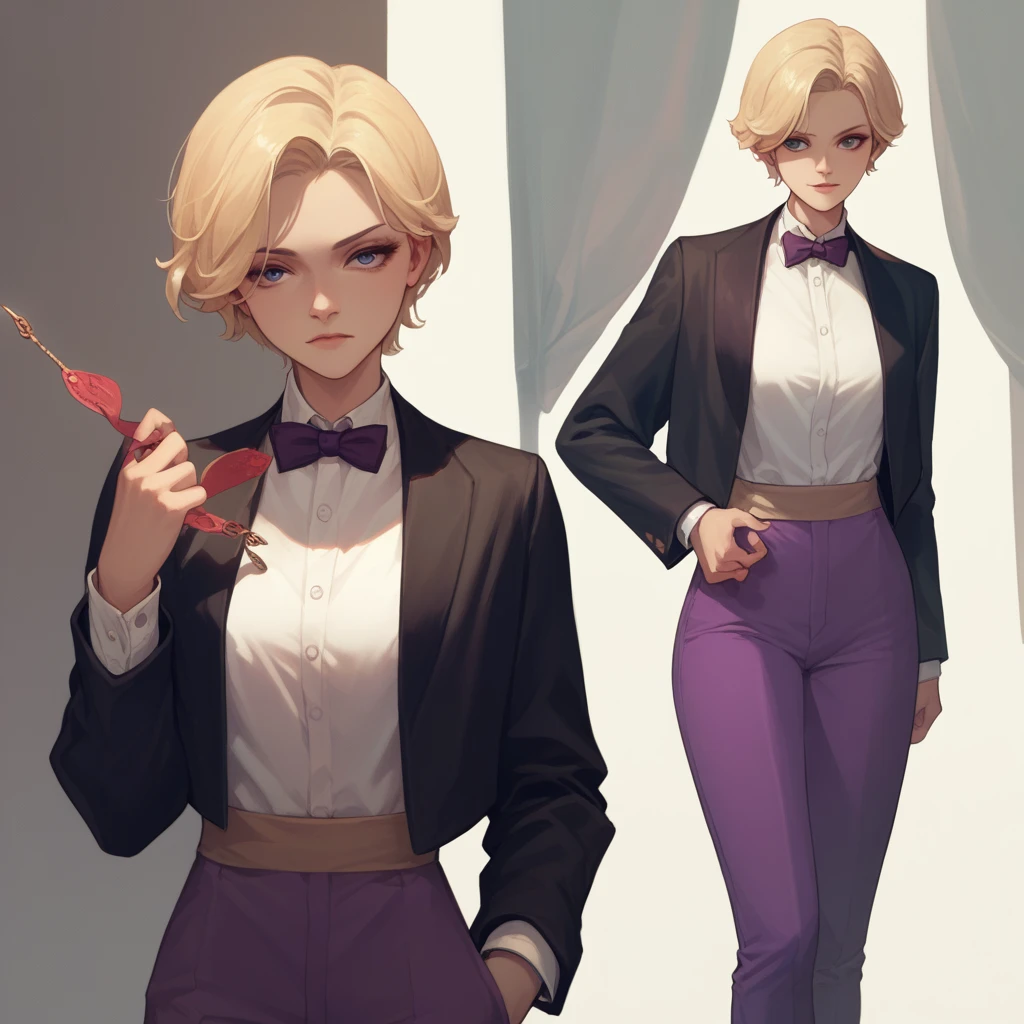 KOF King, Short blonde,  Big Breasts,  bow tie,   black jacket ,  purple pants, Getting naked