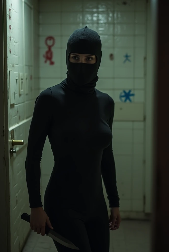 scarlett johanss qui porte une tenu moulante et qui porte une cagoules et blancs et des gant jetable et un pistolets qui ramasser des objets de valeur des otages des gens dans un commissariat 