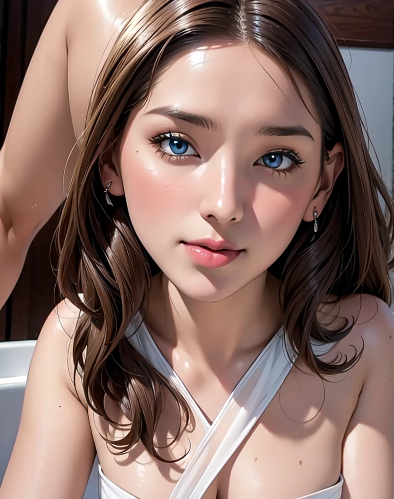 best quality，masterpiece，The most exquisite details，Detailed breasts，Pale pink nipples，（Small Breasts：1.4），High quality photos of beautiful slim girls, (ten  years old: 1.5),Junior high school students， Beautiful blue eyes，(visible genitalia: 1.43）,Symmetrical face， (Wearing a completely transparent white deep V low-cut navel-baring dress: 1.3), Sweating，Intimate clothing，soak，Fair skin，Perfect，Not worn。In her bathroom，Sitting in the bathtub，Sexy poses and realistic anatomy. Super long wavy blonde, A charming face and a keen eye for detail, Shy laugh, For the audience, Looking at the audience，Random shots，（You can see the whole body：1.3),（You can see the face：1.75)，Long legs，Sexually appealing to the audience，Arouse very strong sexual desire，Legs close-up，about to be raped，Crop Top，（indoor：1.3），Detailed inner thigh root，corpo inteiro e de anatomia precisa e perfeita,32K de resolução e qualidade UHD, figura assimétrica e de proporção áurea 