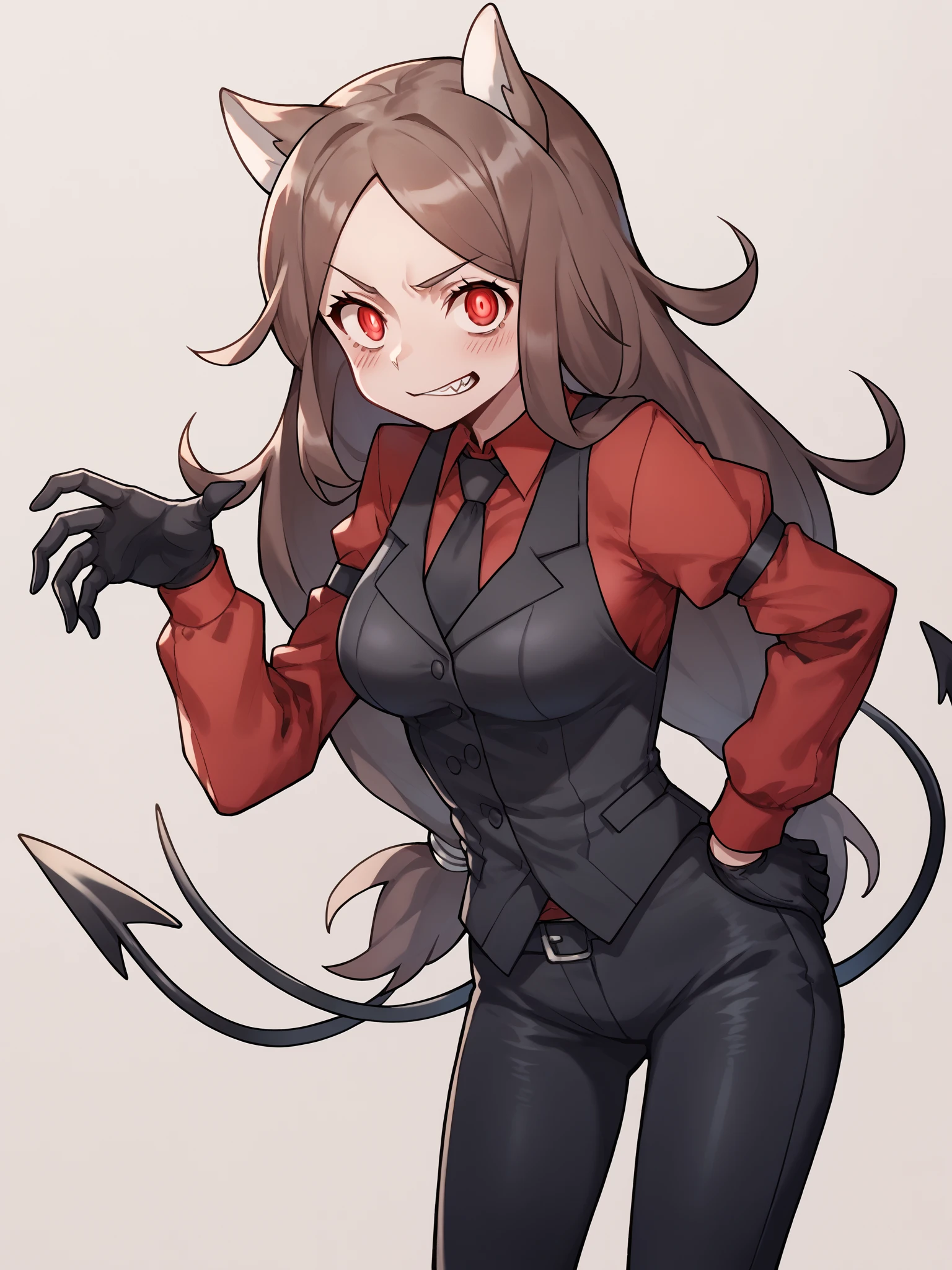 score_9, score_8_up, score_7_up, score_6_up, score_5_up, score_4_up, BREAK, source_cartoon, source_anime,  1girl, cerberus \(helltaker\), brown hair, long hair, red eyes, dog ears, red shirt,  arm garter, black gloves, black necktie, black pants, black vest, necktie, demon girl
solo, hands on hips, looking at viewer, simple background
