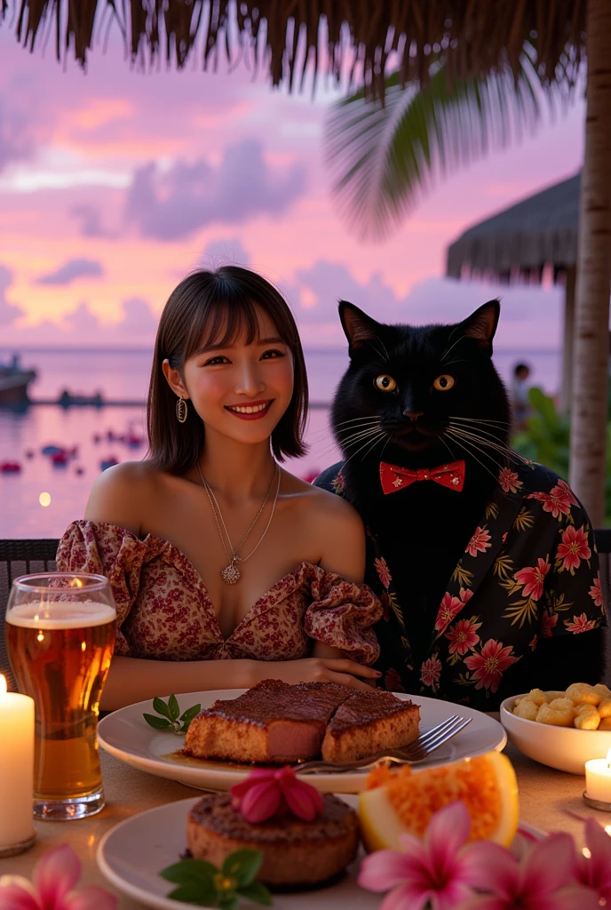 ultra-realistic, photorealistic, dramatic scene, shadow, global-illumination, solo, 1 girl\( 20 years old Japanese beautiful girl, beautiful with cute face, very large breasts, wearing tropical patterned one-piece dress, shoulder-length brown hair, accessories, big smile\), 1 human-like giant black cat\( human-like giant black cat, wearing tropical patterned dark colored aloha-shirt, wearing an aloha-shirt, bow tie, slight taller than the girl, with her, little chubby\), the girl and human-like giant black cat are enjoying their gorgeous dinner at the fine pool side restaurant in the luxury resort hotel in Maldives, gorgeous stylish furnishings, famous 5-star hotel, amazing view of the ocean with pool, extremely beautiful sunset, purple and pink sky, many beautiful tropical flowers are floating on the pool, candle, many large plate of gorgeous food with huge steak and fruits, She is holding a large glass of beer