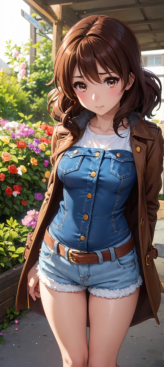 Xyzskye, 1 girl, beautiful, portrait, masterpiece, 3d rendering, Octane rendering, blue eyes, denim jacket, fluffy neck, yellow shirt, Brown hair, 3d model, Beach Wave Hair