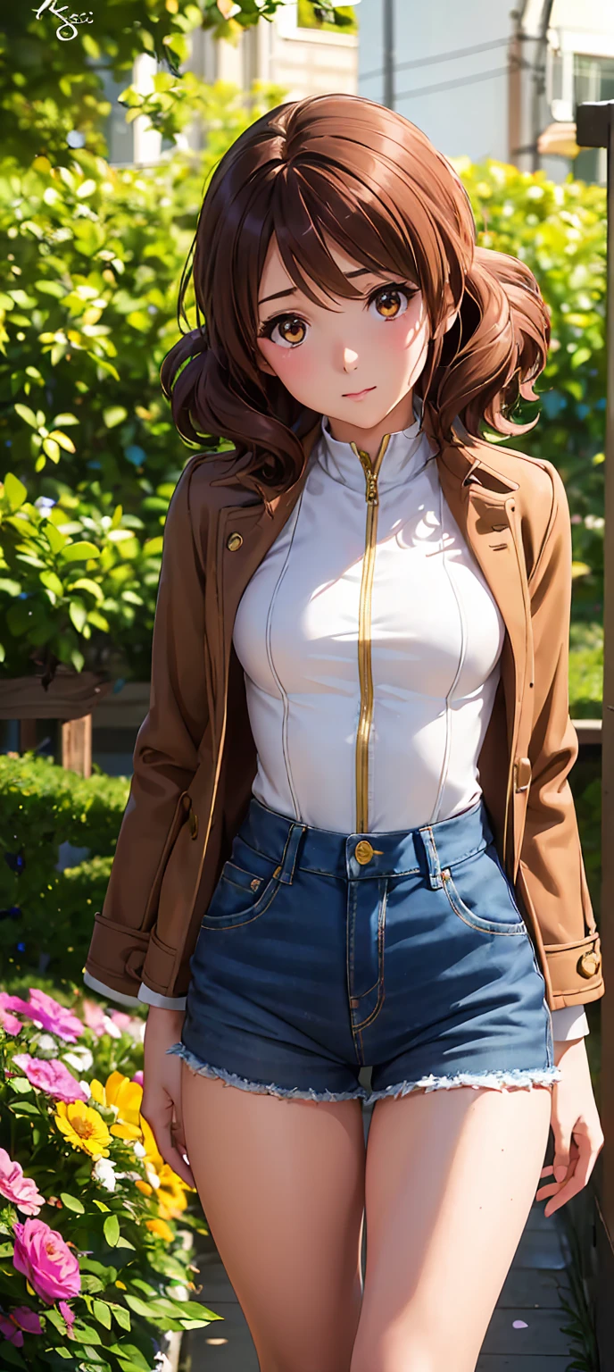 1girl, solo, wild west, summer, village, western, cowboy, sun, clouds, ((brown hair)), curly hair, ponytail, large full breasts, ((brown leather jacket)), button down shirt, ((white shirt)), ((short sleeved shirt)), ((unbuttoned shirt)), unbuttoning buttons, cleavage 1:3, brown eyes, shorts, boots, grin, looking at the viewer, standing, hair ribbon, golden necklate, gun, shooting, cowboy hat
