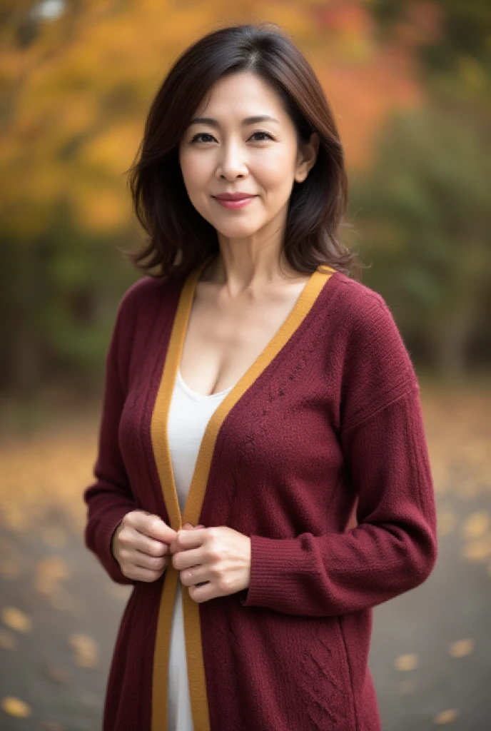 Mature Woman,  Japanese, 48 years old (Mature Beauty: 1.5),  A Gentle and Seductive Smile ,( fine lines of laughter :1.4), Natural Aging 、A warm look, (**wavy hair**:1.3),  Soft and Natural Wrinkles 、 clear skin (1.4),  sharp focus ,  high resolution,  super detail (1.4),  Unmatched Beauty , (Eye Makeup:1.3), (lipstick:1.2), ( eyeshadow), ( mascara),  Slim and Gentle Curves ,  Elegant and elegant posture , Realistic,  realistic (1.4), masterpiece,  top quality ,  depth of writing,  physical base rendering ,  Fascinating Atmosphere 。7.  cable knit long cardigan
Point :  Long length design accented with cable knitting 。 deep Bordeaux and mustard colors 。
background: 紅葉の風景をぼかした秋らしいbackground。
 pose:  Express warmth with a gesture of lightly grasping the front of the cardigan with both hands。