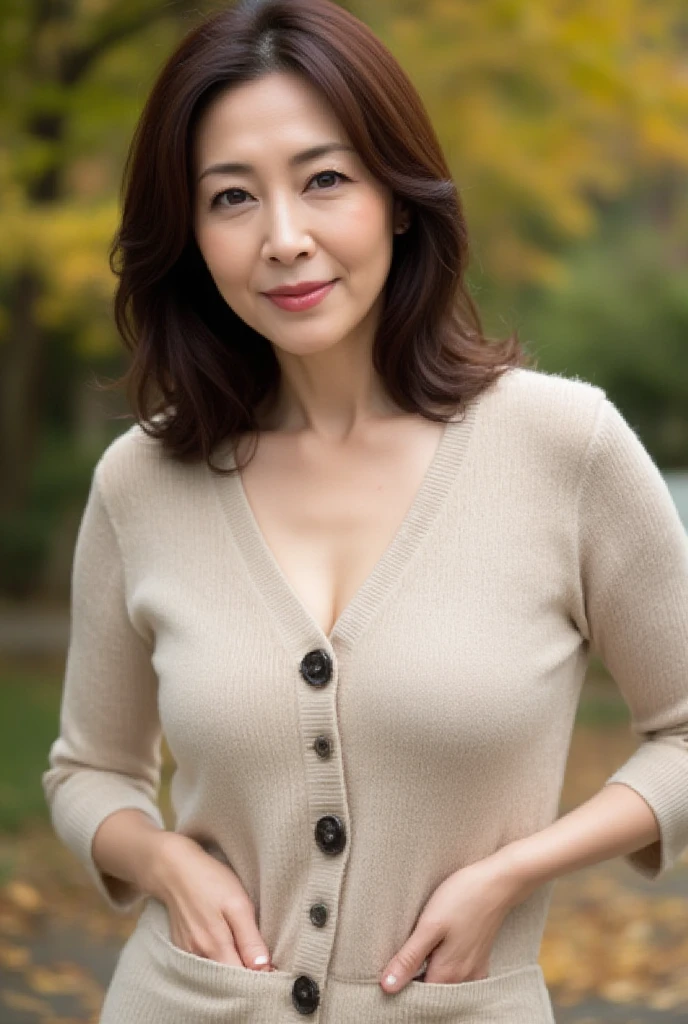 Mature Woman,  Japanese, 48 years old (Mature Beauty: 1.5),  A Gentle and Seductive Smile ,( fine lines of laughter :1.4), Natural Aging 、A warm look, (**wavy hair**:1.3),  Soft and Natural Wrinkles 、 clear skin (1.4),  sharp focus ,  high resolution,  super detail (1.4),  Unmatched Beauty , (Eye Makeup:1.3), (lipstick:1.2), ( eyeshadow), ( mascara),  Slim and Gentle Curves ,  Elegant and elegant posture , Realistic,  realistic (1.4), masterpiece,  top quality ,  depth of writing,  physical base rendering ,  Fascinating Atmosphere 。8. A button-accented cardigan
Key point: A design featuring large decorative buttons。A simple yet elegant autumn image。
background: Blurring the scenery of the park covered with fallen leaves。
 pose: Cutting out the action of fastening the buttons on the chest。