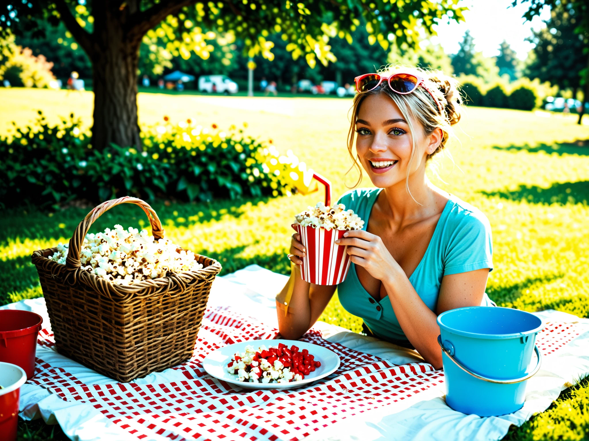 s playing in the park having fun around a picnic basket and buckets of popcorn