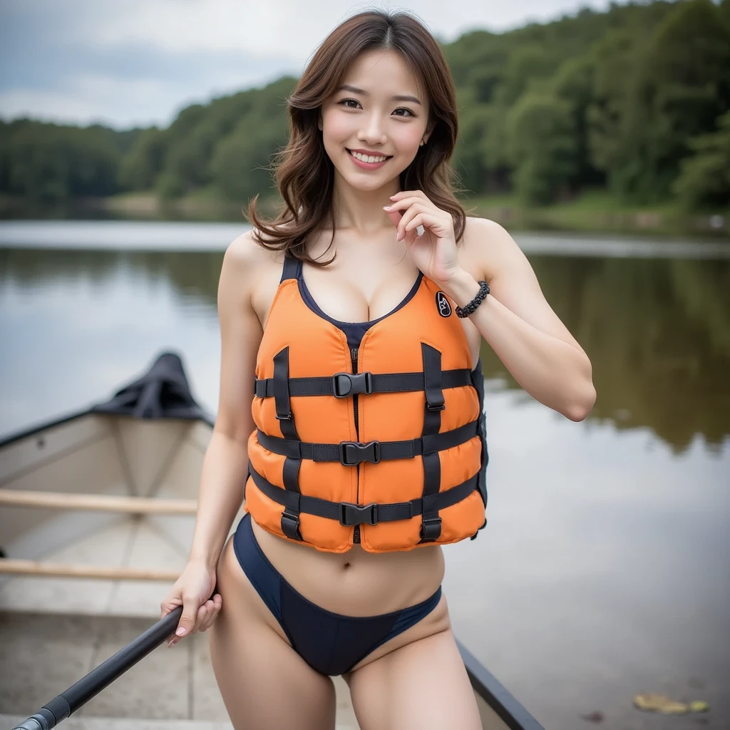1girl , White-water rafting through challenging rapids , 30 years old、Look at the viewer、smile、 lolita、random colors seductive outfit、Just sexy, biggest breast, cleavage, full body pose,