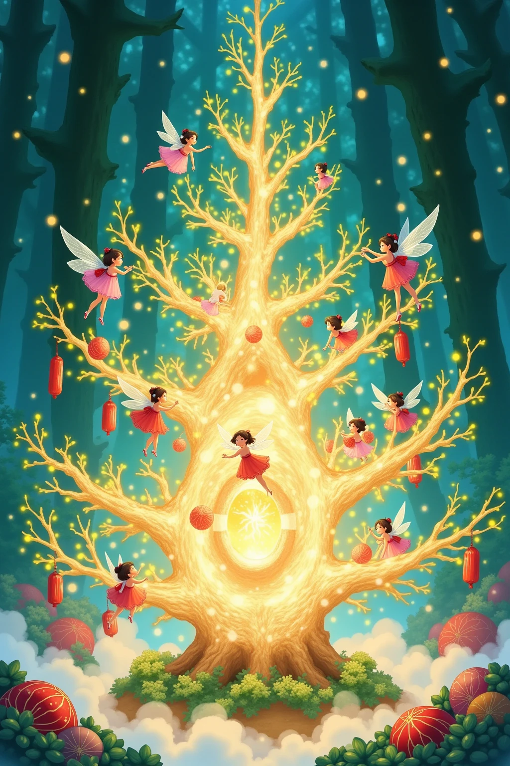 Fantastic New Year Illustration, A traditional Kadomatsu with a magical effect, featuring glowing branches and dancing fairies.