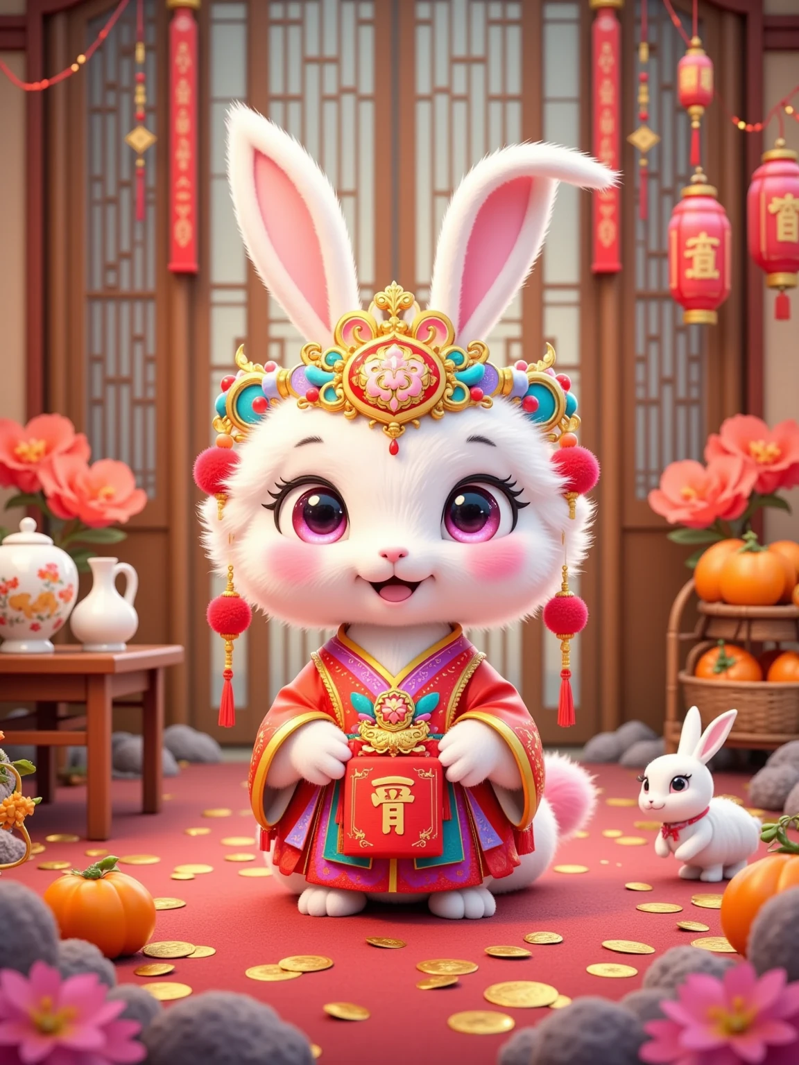 A cute anthropomorphic little snake，It has a pink body，Wear a gorgeous white headband，The headgear is decorated with red and blue pompoms，There are also golden decorations。The little snake's face is filled with a happy smile， with big eyes， and looks very lively。 It wears a red traditional costume ， with a golden pattern on the lantern ，It holds a red lucky bag in front of its chest，The word "Fu" is written on the lucky bag。 The little snake is sitting in an indoor scene， is surrounded by items symbolizing good fortune 。There are many red "Fu" stickers scattered on the ground，There are also a few small golden ingots and orange persimmons。 There is a small table on the left ，A ceramic jar full of persimmons and a white ceramic vase are placed on the table。There is a small basket on the right，The basket also contains some persimmons，There are also a few hanging red lanterns and golden fish-shaped ornaments next to it。 } You can see wooden doors and windows in the background ，Red pepper strings and "Fu" paper-cuts are hung on the doors and windows， adding a strong New Year's atmosphere 。 You can see some blurry outlines of buildings outside the window ， The whole scene is filled with the festive atmosphere of the Lunar New Year ，Colors are mainly red and gold， A cute anthropomorphic little white rabbit 。