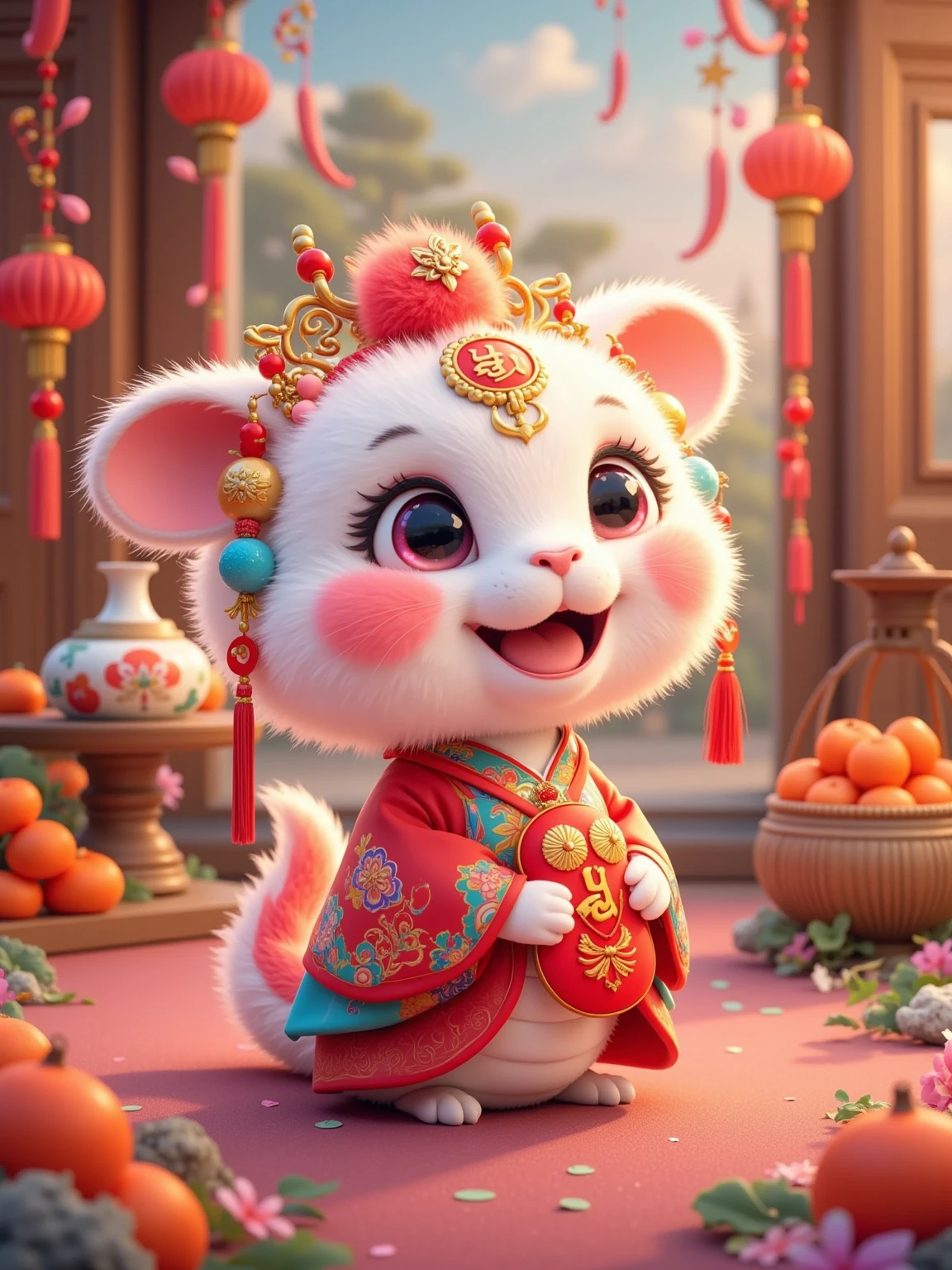 A cute anthropomorphic little snake，It has a pink body，Wear a gorgeous white headband，The headgear is decorated with red and blue pompoms，There are also golden decorations。The little snake's face is filled with a happy smile， with big eyes， and looks very lively。 It wears a red traditional costume ， with a golden pattern on the lantern ，It holds a red lucky bag in front of its chest，The word "Fu" is written on the lucky bag。 The little snake is sitting in an indoor scene， is surrounded by items symbolizing good fortune 。There are many red "Fu" stickers scattered on the ground，There are also a few small golden ingots and orange persimmons。 There is a small table on the left ，A ceramic jar full of persimmons and a white ceramic vase are placed on the table。There is a small basket on the right，The basket also contains some persimmons，There are also a few hanging red lanterns and golden fish-shaped ornaments next to it。 } You can see wooden doors and windows in the background ，Red pepper strings and "Fu" paper-cuts are hung on the doors and windows， adding a strong New Year's atmosphere 。 You can see some blurry outlines of buildings outside the window ， The whole scene is filled with the festive atmosphere of the Lunar New Year ，Colors are mainly red and gold， A cute anthropomorphic little white rabbit 。