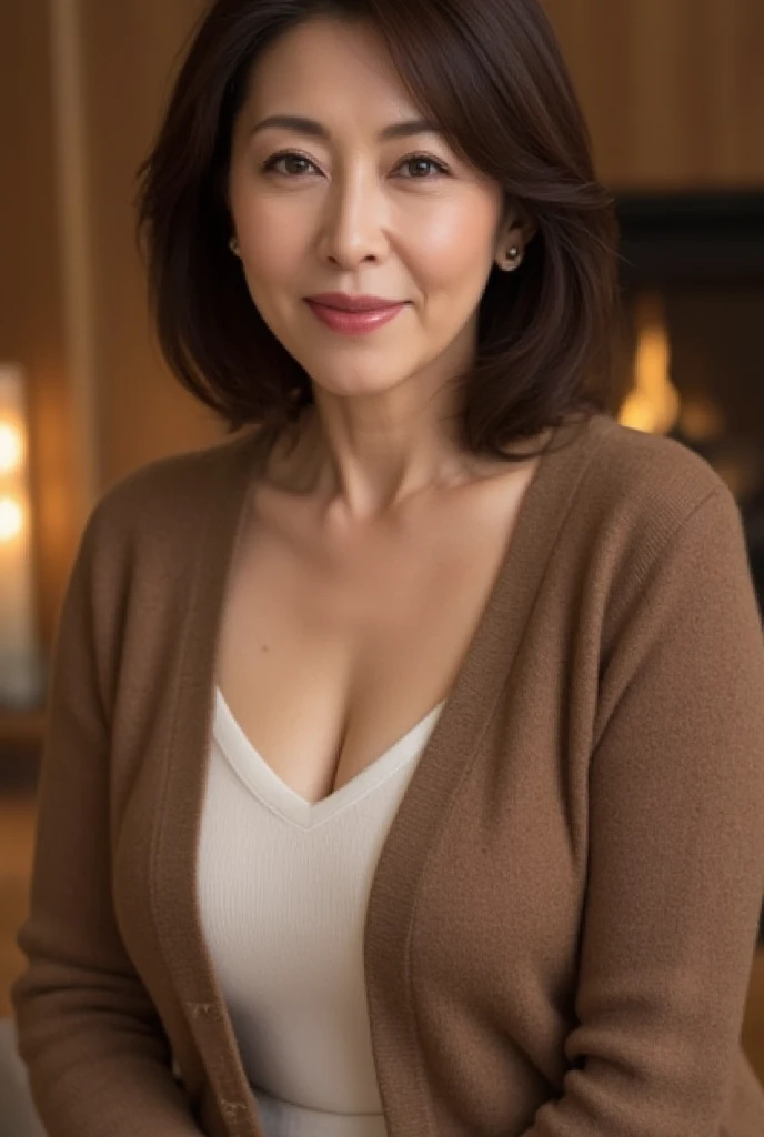 Mature Woman,  Japanese, 48 years old (Mature Beauty: 1.5),  A Gentle and Seductive Smile ,( fine lines of laughter :1.4), Natural Aging 、A warm look, (**wavy hair**:1.3),  Soft and Natural Wrinkles 、 clear skin (1.4),  sharp focus ,  high resolution,  super detail (1.4),  Unmatched Beauty , (Eye Makeup:1.3), (lipstick:1.2), ( eyeshadow), ( mascara),  Slim and Gentle Curves ,  Elegant and elegant posture , Realistic,  realistic (1.4), masterpiece,  top quality ,  depth of writing,  Physically Based Rendering ,  Fascinating Atmosphere 。9.  Wool-Blend Cardigan
Point :  The wool material emphasizes comfort and heat retention。 Warm Brown 。
background: 暖炉やウッドインテリア風のbackground。
 pose: Lightly Bend Your Elbows 、 Composition that appeals to the sleeves of a cardigan 。