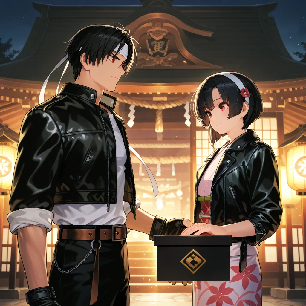 Two couples, girls, holding hands, red eyes, wishing, black hair, short hair, woman wearing ((white headband)), hair ornament, 2025, kimono, bright pattern, boy wearing ((black leather jacket with rolled up sleeves)). ((white headband)), white T-shirt, black fingerless gloves, black slacks, brown belt, shrine, grounds, offering box, lantern, soft light, lens effect, calm, great quality, very aesthetic, high resolution, depth of field, volume lighting, pop art style background, cute, absurd masterpiece Top quality, Latest