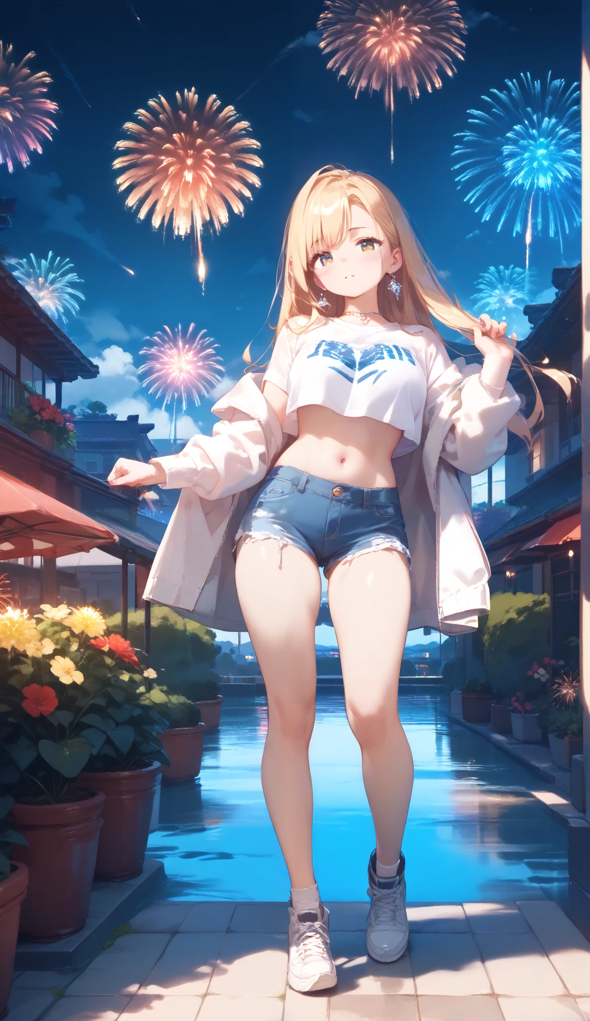 A beautiful human like blonde white girl with blue Wearing a wet white cropped t shirt and a white thong, no reveillon, (((a semi-distant photograph ,  where the girl is watching colorful fireworks in the sky))), full body