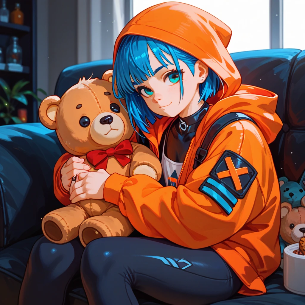 "A young boy with bright blue hair , pixie cut , bright skin, and the soft expression , wearing future clothing. Orange hood .  The boy sitting.  The background is plain black , holding teddy bear , gives full focus to the character of the boy ."