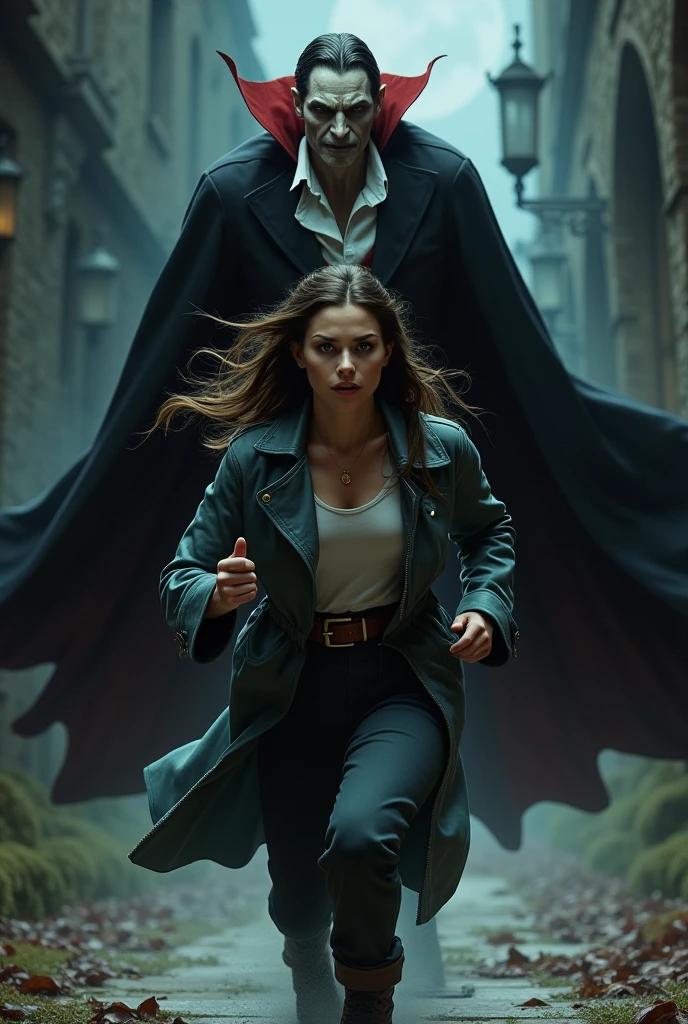 create an image of a woman being followed by Dracula and a group going after Dracula