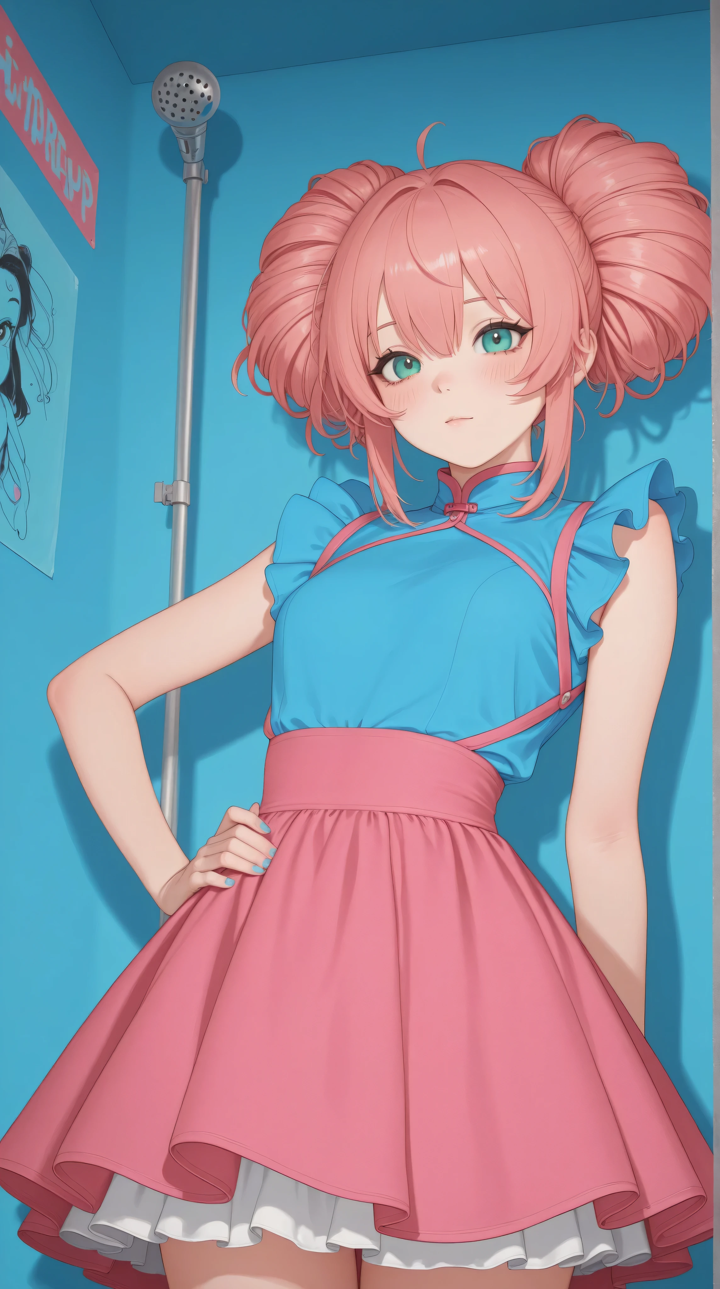 Kizi,Highly detailed, Amazing work,Vitreous luster,((clean backdrop)),In pink,(((blue colors))),green color,red colour,Best quality at best,clean backdrop。