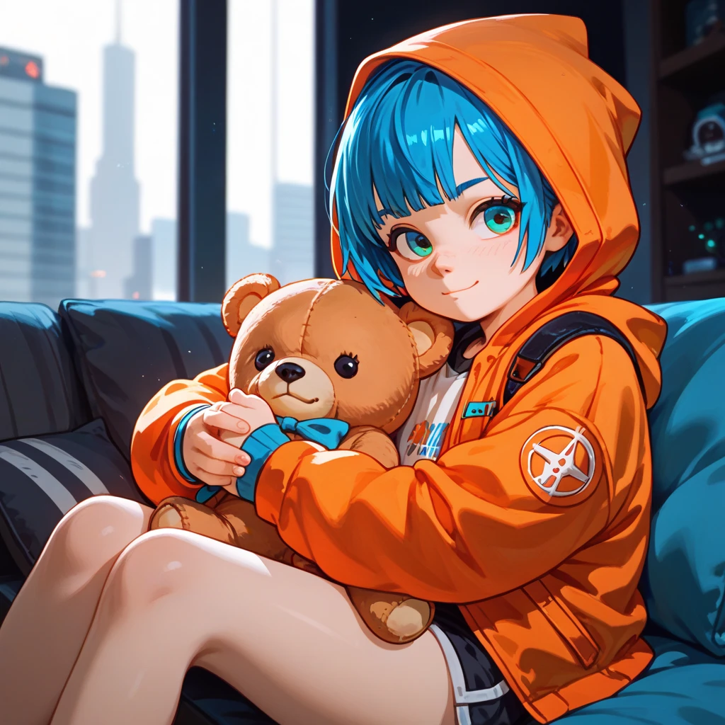 "A young boy with bright blue hair , pixie cut , bright skin, and the soft expression , wearing future clothing. Orange hood .  The boy sitting.  The background is plain black , holding teddy bear , gives full focus to the character of the boy ."