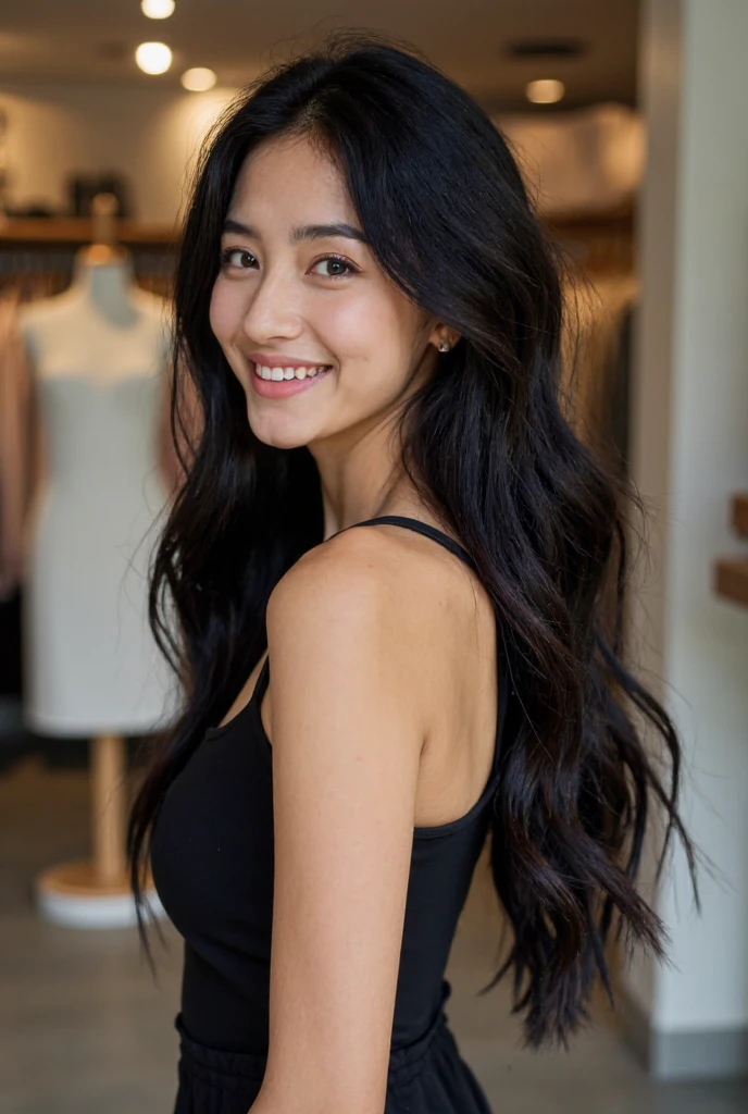 This is a  beautiful photograph of a woman,black hair,She is wearing a dress,Standing in a shop. Looking at the viewer. Smile,