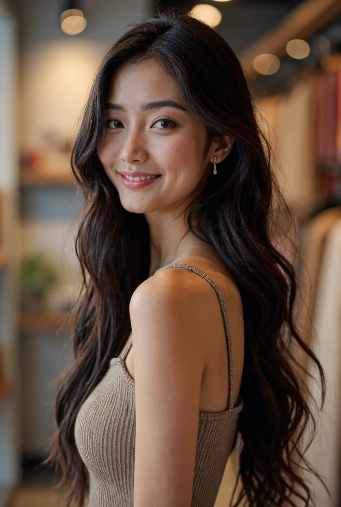 This is a  beautiful photograph of a woman,black hair,She is wearing a dress,Standing in a shop. Looking at the viewer. Smile,