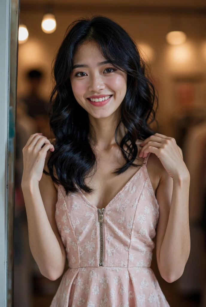 This is a  beautiful photograph of a woman,black hair,She is wearing a dress,Standing in a shop. Looking at the viewer. Smile,