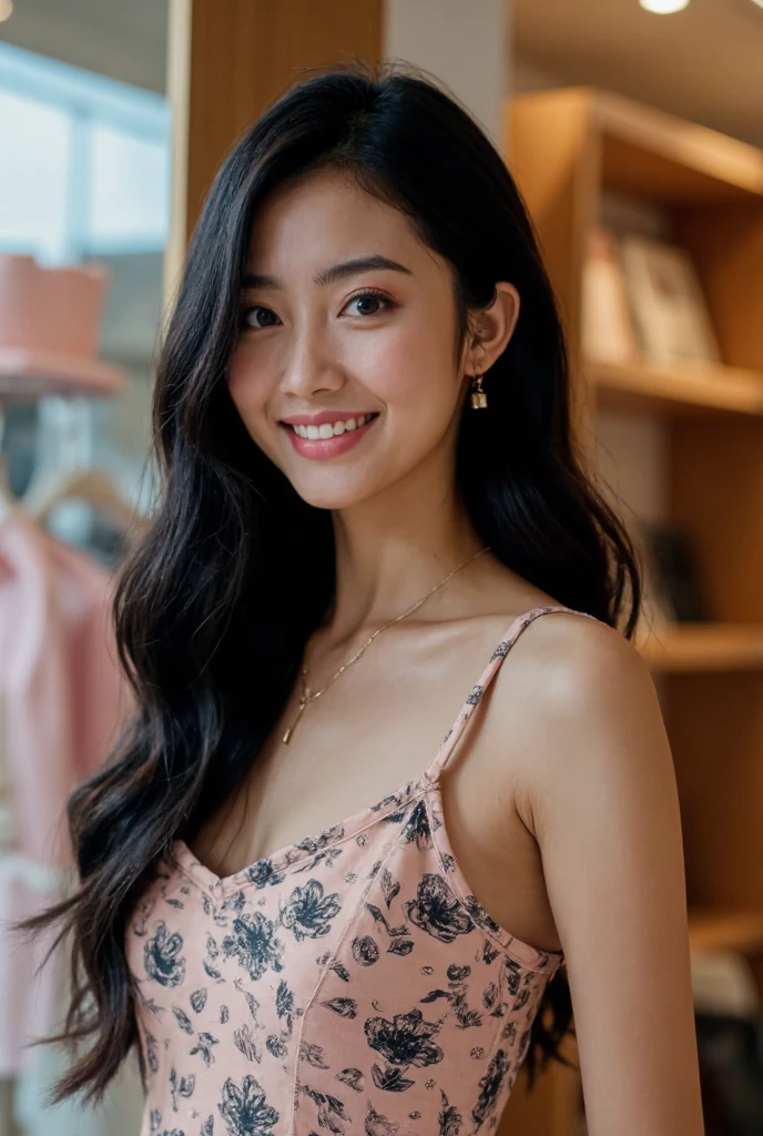 This is a  beautiful photograph of a woman,black hair,She is wearing a dress,Standing in a shop. Looking at the viewer. Smile,