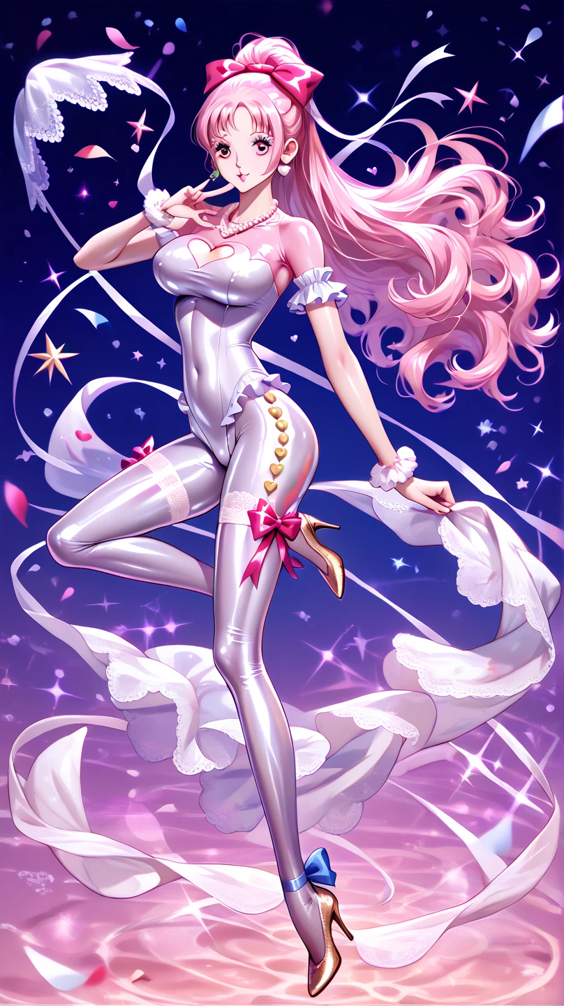 A tall huge big sexy beautiful lady big breast long golden hair her blue eye is dressed in long white clothes under a colorful orange purple Yin Yang cover long black heels carrying a pink umbrella in a galaxy background
