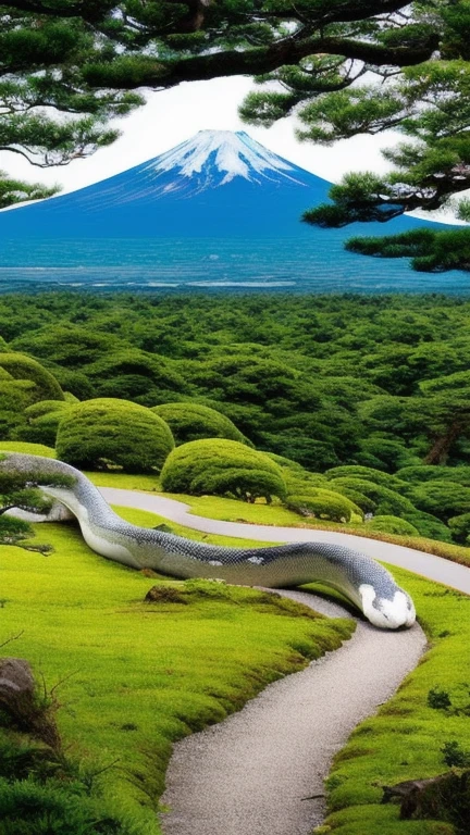 Big White Snake 　 Japanese Scenery 　Mount Fuji　 illustration　 moon　 Diamond Fuji　Upside-down Fuji　White Snake　 fantasy　White Snake　Mount Fujiのてっぺんにダイヤモンドの輝き