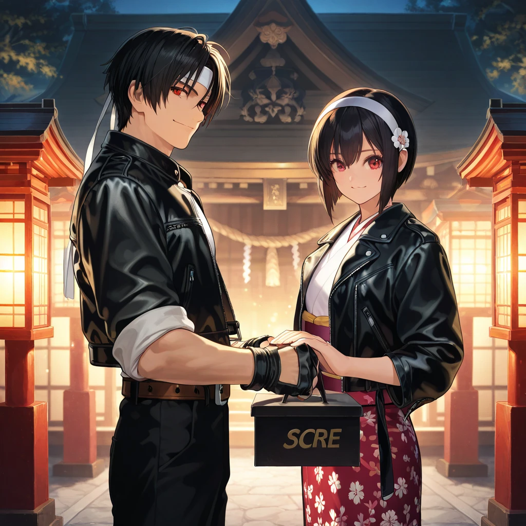 Two couples, girls, walking hand in hand, red eyes, wishes, smiling, black hair, short hair, woman wearing ((white headband)), hair ornament, 2025, kimono, bright pattern, boy wearing ((black leather jacket with rolled up sleeves)). ((white potholder)), white T-shirt, black fingerless gloves, black slacks, brown belt, shrine, grounds, offering box, lantern, soft light, lens effect, calm, great quality, very beautiful, high resolution, depth of field, volume lighting, pop art style background, cute, absurd masterpiece, best Quality, Latest