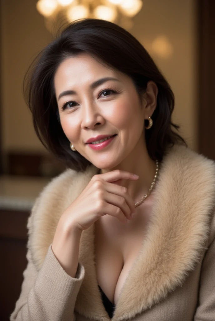 Mature Woman,  Japanese, 48 years old (Mature Beauty: 1.5),  A Gentle and Seductive Smile ,( fine lines of laughter :1.4), Natural Aging 、A warm look, (**wavy hair**:1.3),  Soft and Natural Wrinkles 、 clear skin (1.4),  sharp focus ,  high resolution,  super detail (1.4),  Unmatched Beauty , (Eye Makeup:1.3), (lipstick:1.2), ( eyeshadow), ( mascara),  Slim and Gentle Curves ,  Elegant and elegant posture , Realistic,  realistic (1.4), masterpiece,  top quality ,  depth of writing,  Physically Based Rendering ,  Fascinating Atmosphere 。11.  fur collar cardigan
Point :  luxurious design with removable faux fur on the collar。
background:  elegant interior with chandelier 。
 pose: Lightly touch the fur on the collar with one hand 、Gazing into the distance。