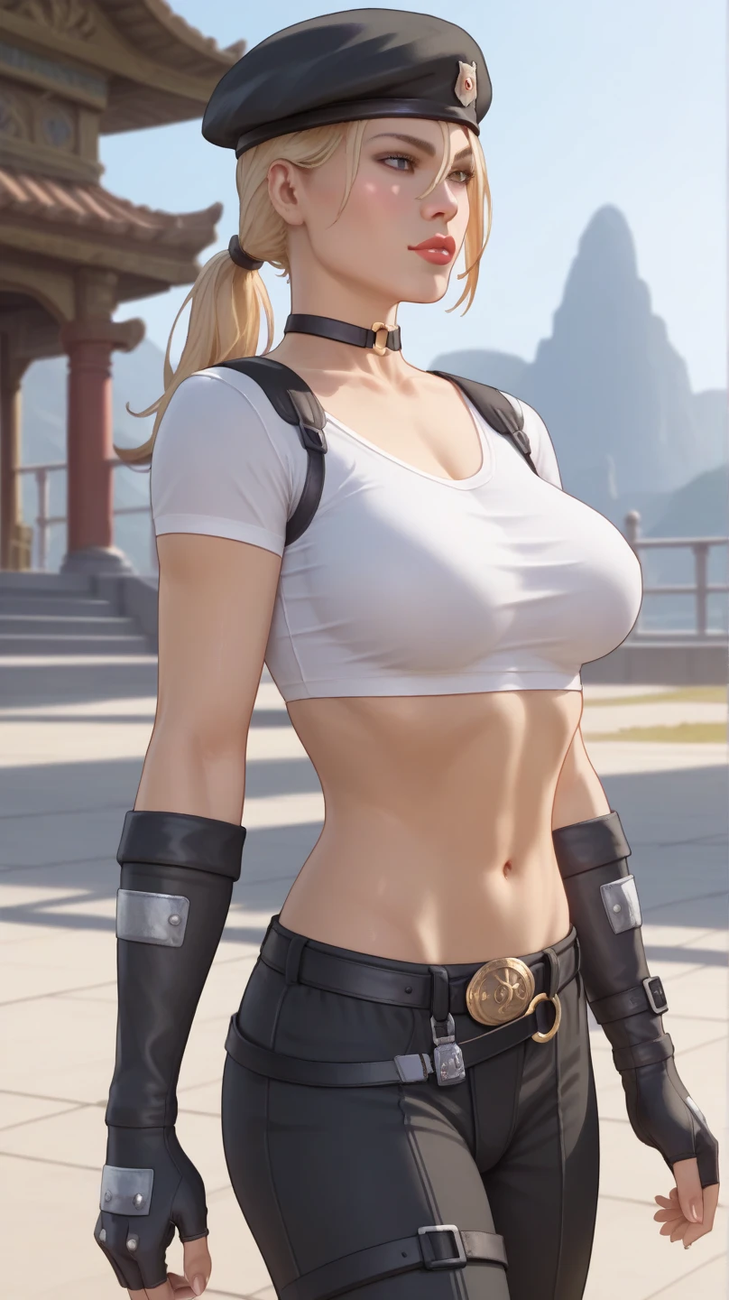 SonyaBladeMKDC, 1girl, midriff, navel, crop top, elbow gloves, choker, hat, belt, blonde hair, medium breasts, white shirt, black pants, dark skin, lips, beret, ponytail, dark-skinned female, black headwear, cowboy shot, walking