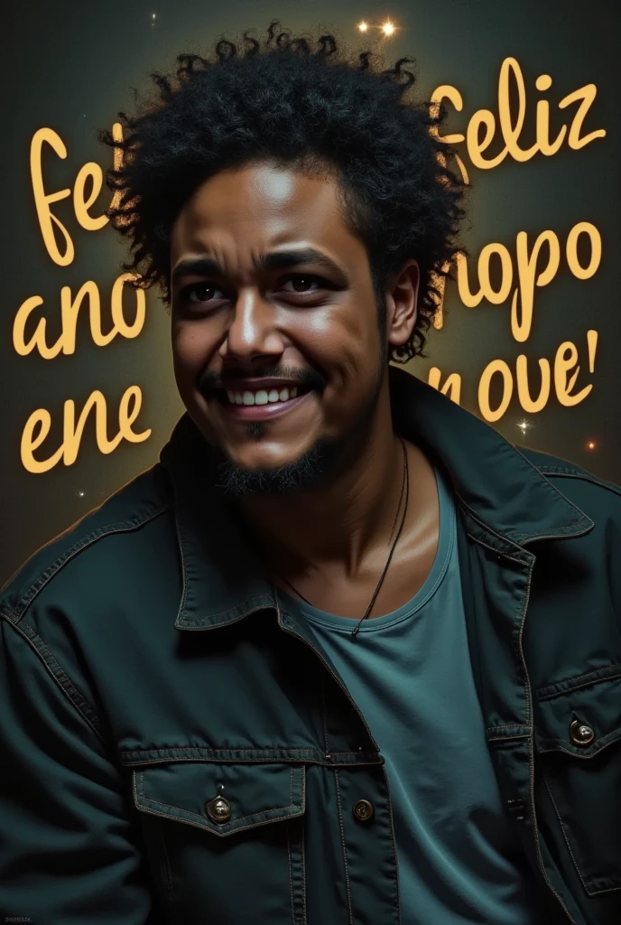 a smiling man detailed face with passionate expression, words ((("Feliz Ano novo!!"))) written around him, dramatic lighting, somber color palette, digital art, cinematic composition, highly detailed, masterpiece